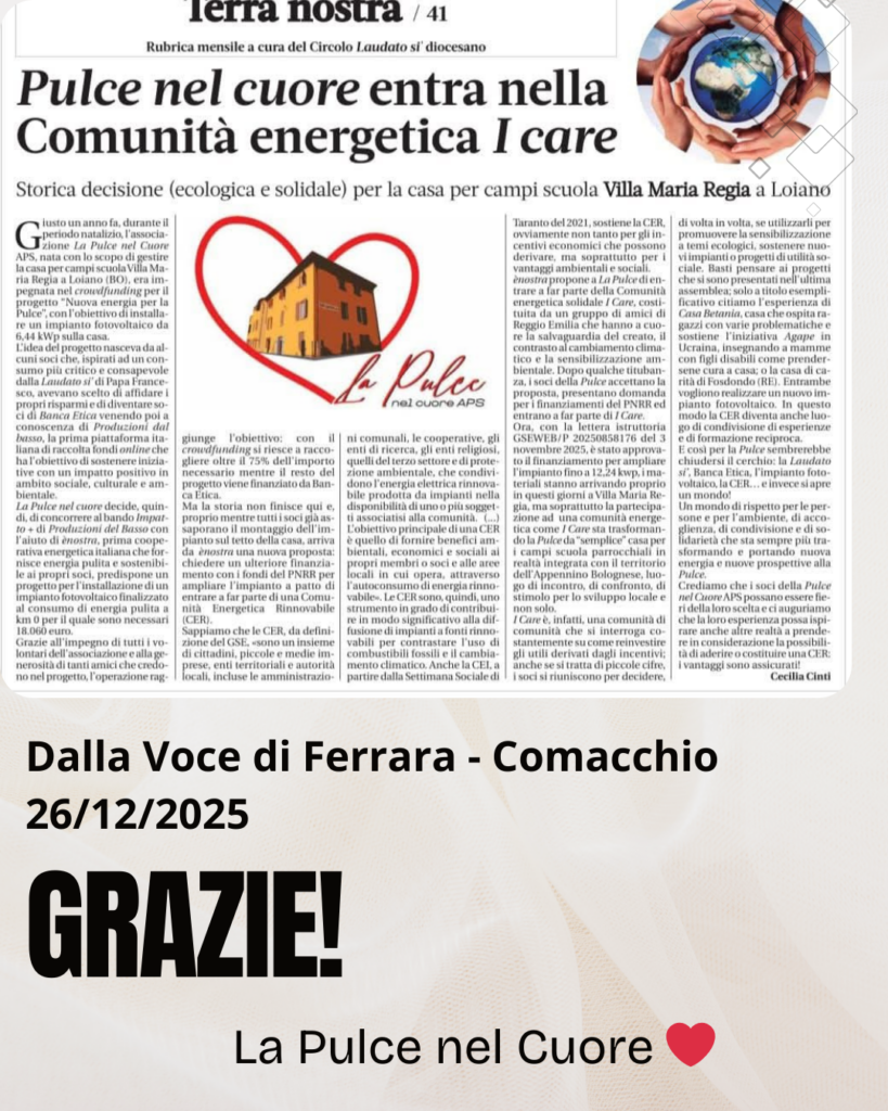 Articolo da La Voce di Ferrara-Comacchio relativo all'ingresso de La Pulce nel Cuore nella Comunità energetica I care